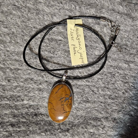Copy -Maligano jasper, gemstone oval, pendant necklace, silver plate, black cord - Picture 5 of 5